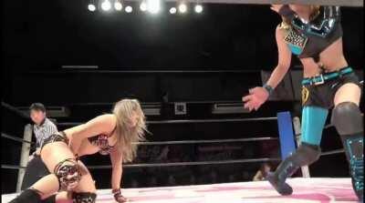 Mayu Iwatani sends a hard kick to Io Shirai's crotch