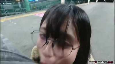 Amateur Japanese Girl Flashing Her Tits Before Giving A Blowjob On A Train Platform