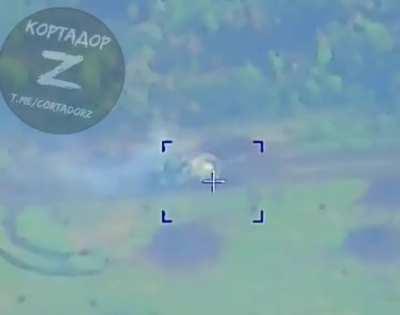 RU pov: Moving Leopard 2 tank is hit by a Krasnopol guided munition. 