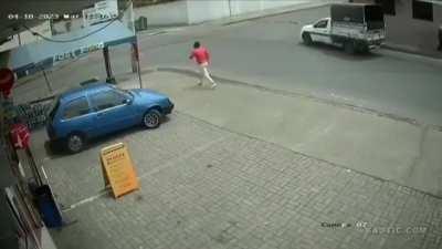 Runaway backhoe T-bones car at crossroad and kills driver.