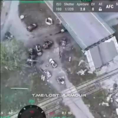 RU POV: Drone footage of UAF armored vehicles and transport destroyed by Russian FPV drone operators at the junction between Krasnoarmeysk and Dimitrov.