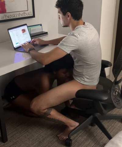 Sucking my cock while I respond to some messages