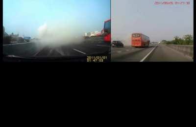 Two cars get crushed by truck's container