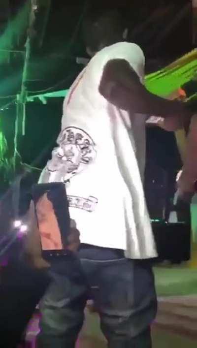 Ugandan singer appears to kick out at a fan who tried to touch her private parts during a performance