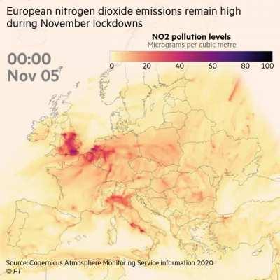 [OC] Animation of NO2 emissions across Europe during second wave of lockdowns