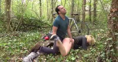 Blonde slut gets fucked in the middle of a wood by an Arab guy