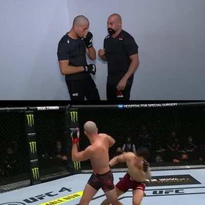 Brian Ortega practicing the spinning elbow before the fight then landing one on TKZ