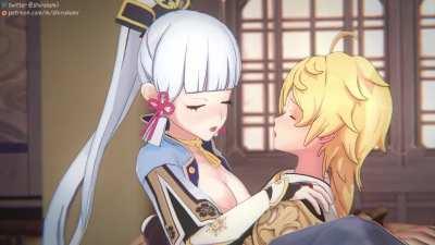 Ayaka riding Aether (Shirakami) [Genshin Impact]