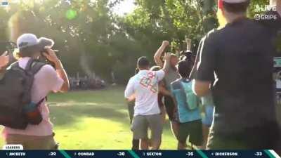 The Disc Golf World Championships just went into a sudden death play-off after James Conrad makes birdie with a 250 foot throw-in