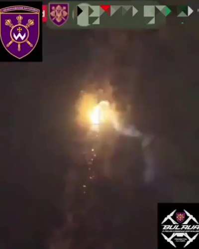 Night-time drone footage shows a Ukrainian thermite FPV quad attacking a windbreak with russian positions. 