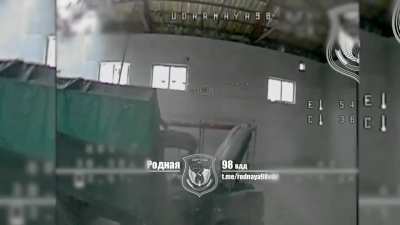 98th Guards Airborne Svir Battalion Fiber-Optics FPV drone went through small warehouse window to strike enemy transport vehicle.