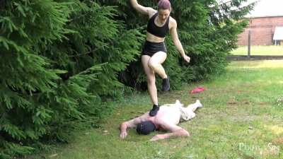 Stomping on him with my sneakers