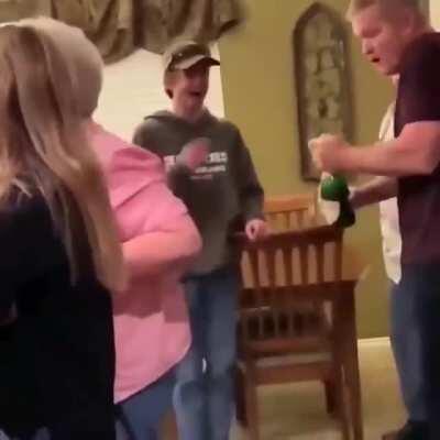 I will open this champagne without looking where the cork could go, WCGW?