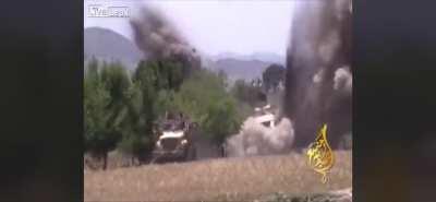 My dad was driving the very first truck. The truck that exploded was hit with a 35 pound shape charge. The only 2 injuries were a fractured shin and a messed up back. This video was taken from a website years later. It was posted by the Taliban hence the 