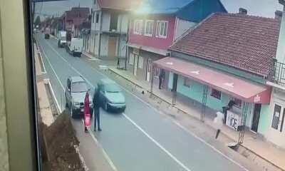 Extreme crash where vehicle carrier hits the couple who illegally parked in front of them