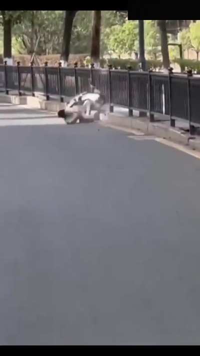 Failed wheelie, His chin broke the fence
