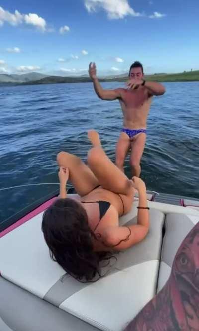 Chick in a string bikini fucked on boat while laughing. More?
