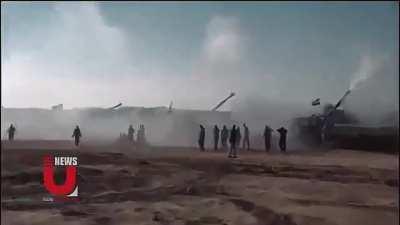 Iraqi Federal police artillery batteries targeting the perimeter of Al - Salam hospital in the city Mosul, 2017.