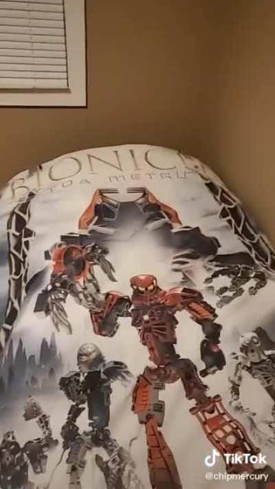 Chad shows off his bionicle blanket