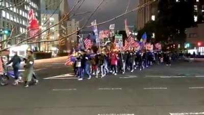 A pro-Trump Stop The Steal march in Tokyo, Japan. They are chanting anti CCP and anti media slogans in Japanese and English. South Korean national flags and Japanese rising sun flags seen in the same Tokyo protest.