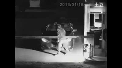 A night guard in a checkpoint comes across a moving car but with no one driving it, just then a human like thing comes from the back of the care.