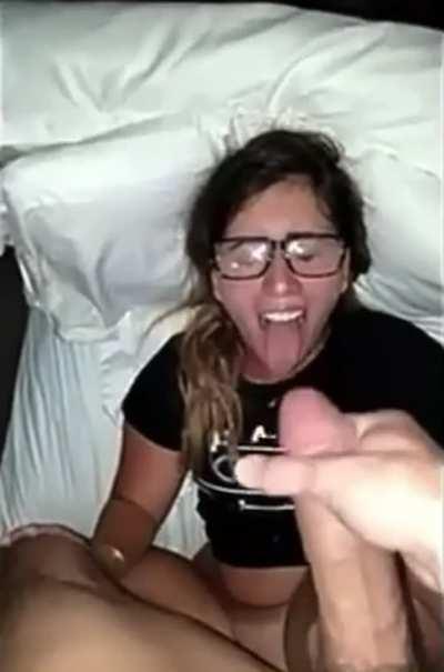 He pulls out and finished on her glasses