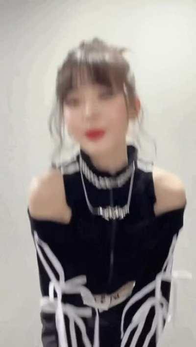 You accidentally walk into the room where Wonyoung is recording this challenge all alone, wearing this teasing outfit.. What would you do?