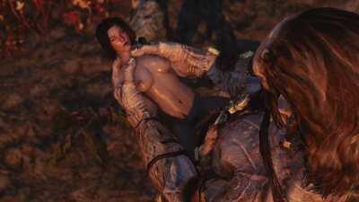 Dunmer thief gets caught by Giant when trying to loot the camp's chest.