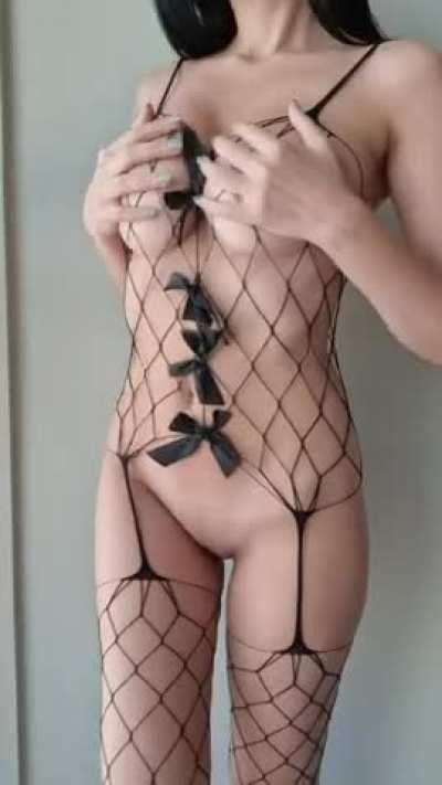 My japanese body looks amazing in tight fishnets