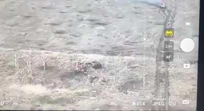 Russians put 2 metric tons of explosives on a MT-LB APC and sent it towards Ukrainians, luckily, it blew up on a mine (footage captured near Avdiivka).