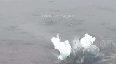 Somewhere near Bakhmut's surroundings. An artillery round was fired by the Ukrainian army, instantly transforming a Russian soldier into a cosmonaut, and was spotted by a Ukrainian scout drone.