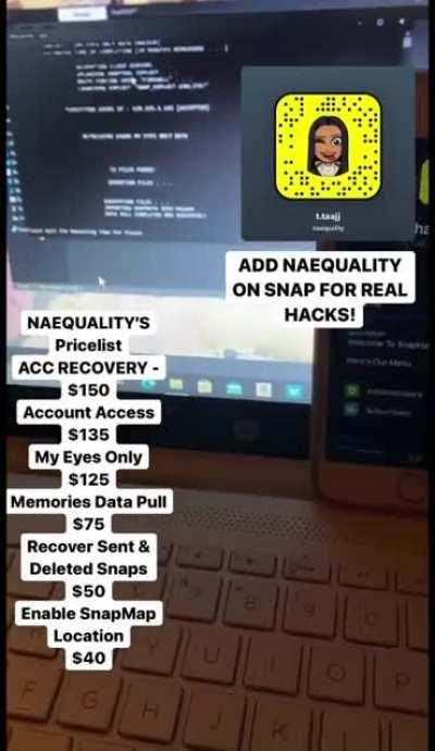 hit @naequality on snap to order any hacks for social media like account access, account recovery, my eyes only hacks & more! Group In Comments below