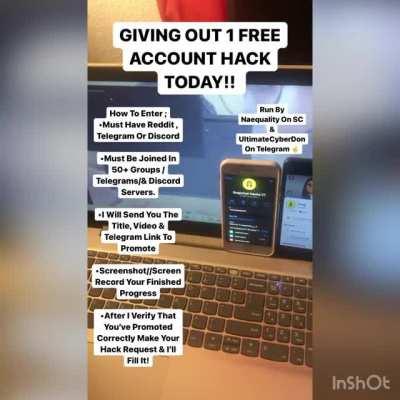 ACCOUNT HACKING GO HIT NAEQAUALITY ON SNAPCHAT// ULTIMATECYBERVENDOR ON TELEGRAM TO GET A FREE HACK FOR MAKING 50 POST ACROSS REDDIT, TELEGRAM, & DISCORD. INSTRUCTIONS & TELEGRAM LINK IN COMMENTS BELOW