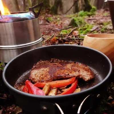 Steak, peppers and mushrooms at 8:30am in the woods.