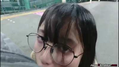 Amateur Japanese Girl Flashing Her Tits Before Giving A Blowjob On A Train Platform