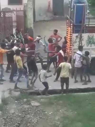 Low hanging electrical cables electrocutes people on truck and ground (2 angles)