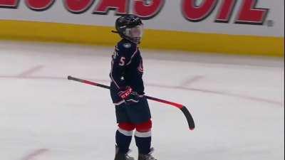 10-yr old Cooper Dennie scores lacrosse-style ice hockey goal before Nationwide Arena crowd