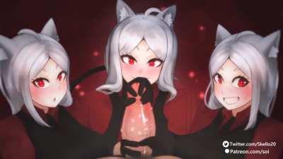 Cerberus doing a bit of... everything to you. [Helltaker](Skello)