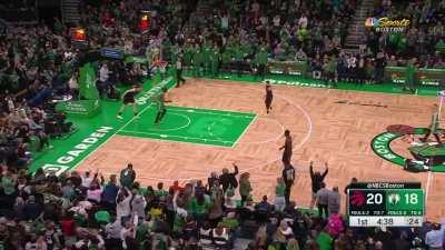 [Highlight] Sam Hauser dives and barrel rolls his way to a steal and finds Jaylen Brown for the jam