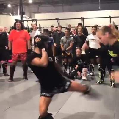 Valentina Shevchenko shows her quick leg countering reflexes at seminar.