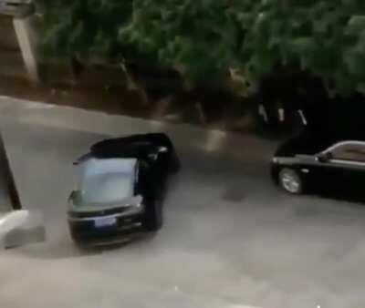 Woman freaks out because the car driver did not wait for her to walk past.