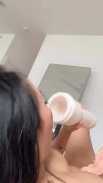 Asa Akira Drinks The Cum Out Of BF's Used Fleshlight