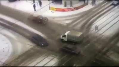 Insane pedestrian on a busy intersection