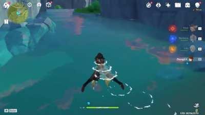 You can move the immortal hilichurl from Ella Musk's commission with Zhong Li/Geo Traveller, and it looks ridiculous