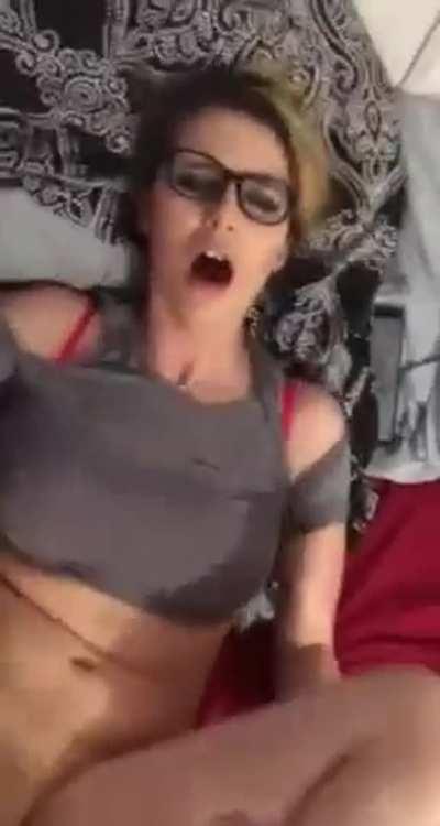 Nerd blonde slut takes a dick in her shaved wet pussy