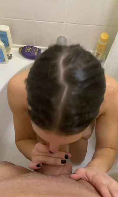 She helps him relieve his stress in the shower with a massive load