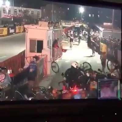 WCGW standing in the middle of a bike race