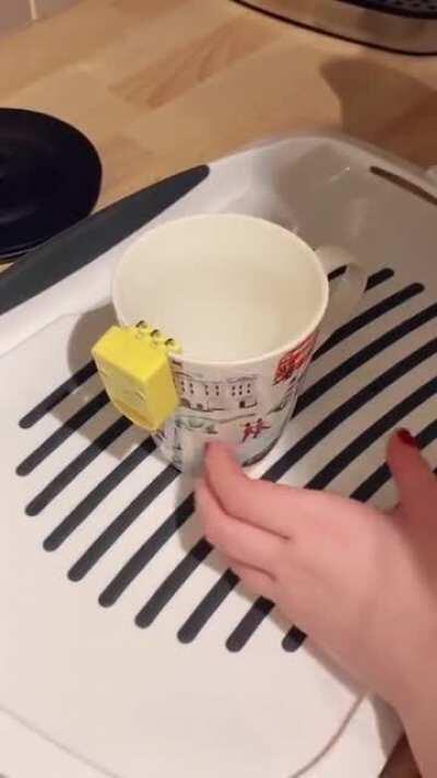 Device gives an acoustic warning when the cup is full enough so blind people know when to stop pouring