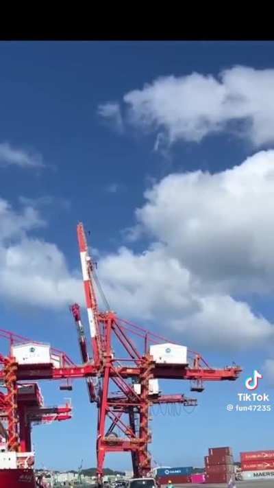 Container ship carrying port cranes hits port crane. 