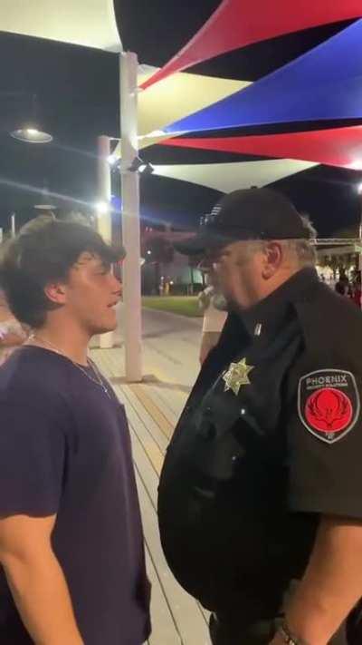 Courageous funny teenager and irritable belligerent cop dare each other